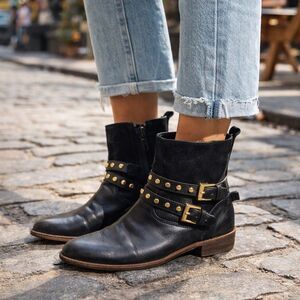 Coach New York Studded Harness Moto Ankle Boots Black Leather Size 6B